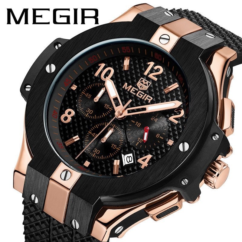 【現貨秒發】新品美格爾MEGIR多功能手錶運動防水計時矽膠男石英錶2050 6MBP