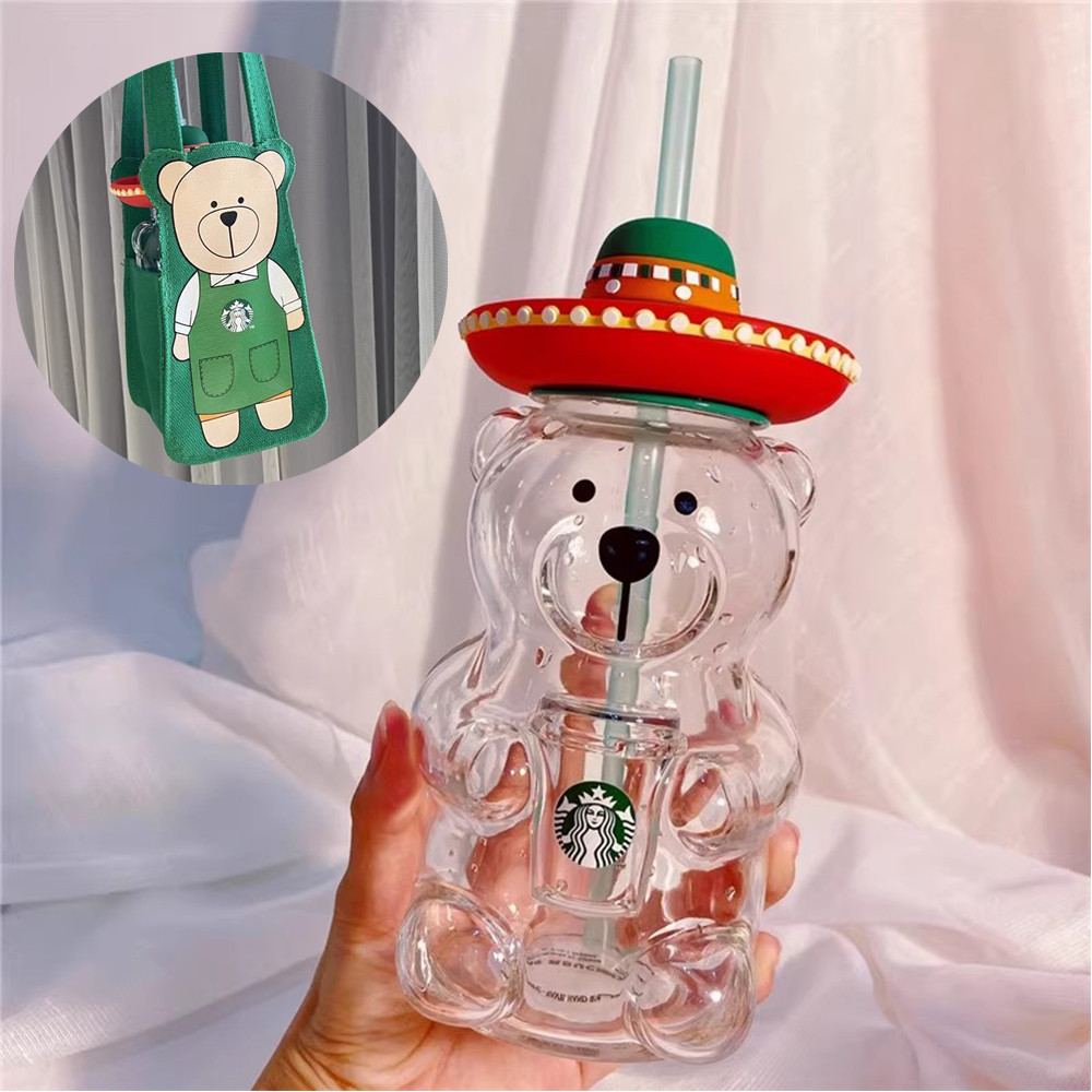STARBUCKS 星巴克可愛夏令營拉丁熊玻璃瓶+收納袋500ml吸管杯可愛草帽水杯