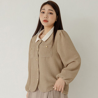 【PolyLulu】 MISS.韓系小姊姊皺皺格子排釦澎袖外套 中大尺碼外套 奶茶色