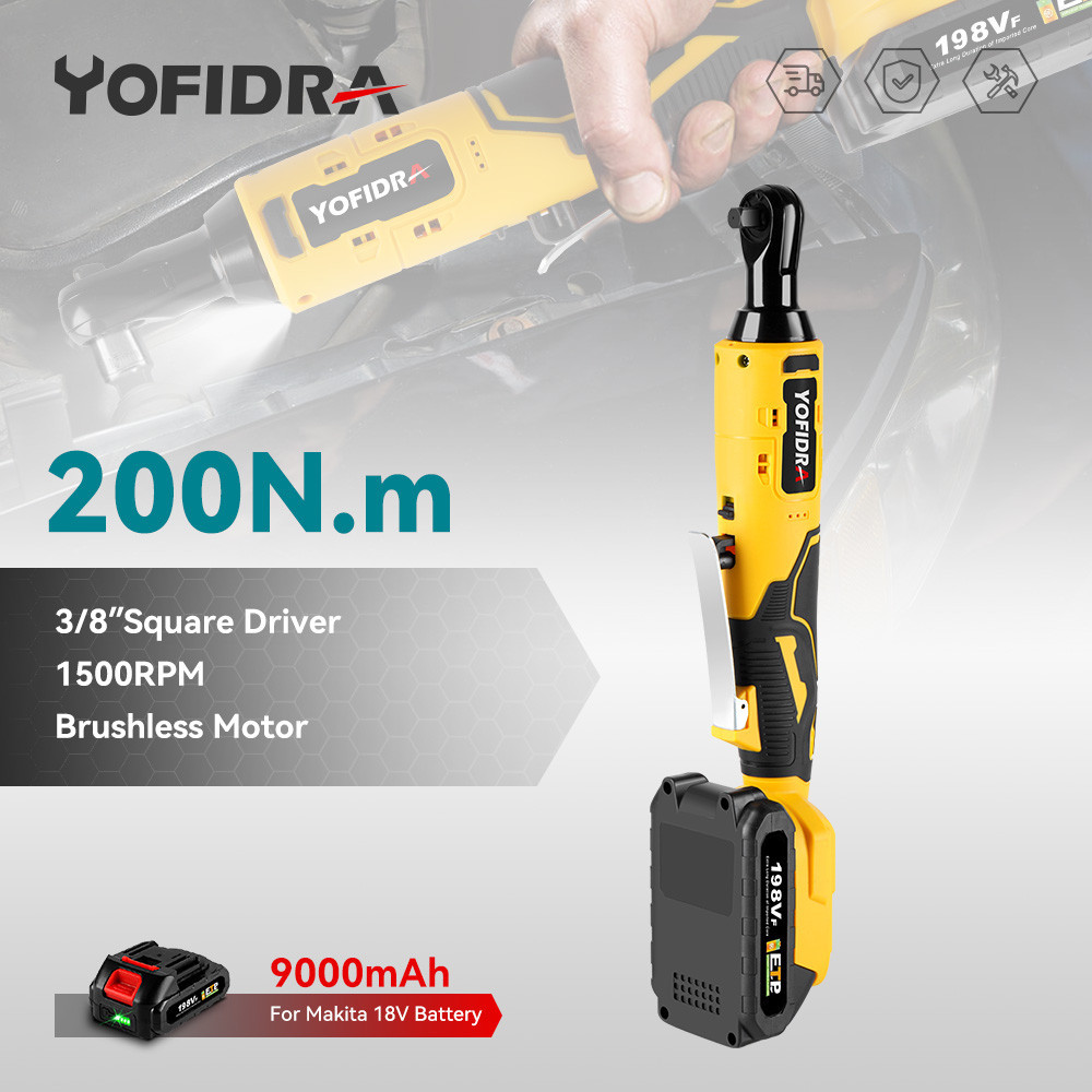 Yofidra 3/8 英寸電動棘輪扳手可充電拆卸螺絲螺母 200N.M 汽車維修工具適用於牧田 18V 電池