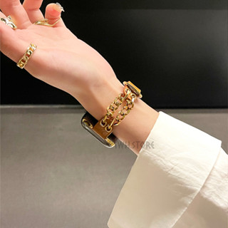 時尚金屬雙鏈條拼真皮錶帶 細款 適用於 Apple Watch 9 8 7 6 5 SE 小香風錶帶 41mm 45mm