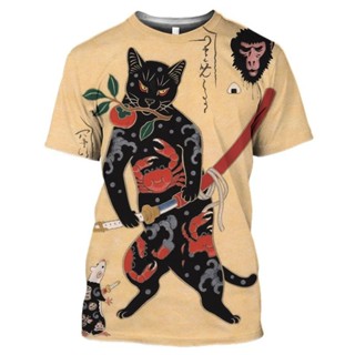 2024 復古 T 恤男士女士武士貓紋身襯衫男士 3d 打印酷經典藝術襯衫夏季圓領上衣 T 恤