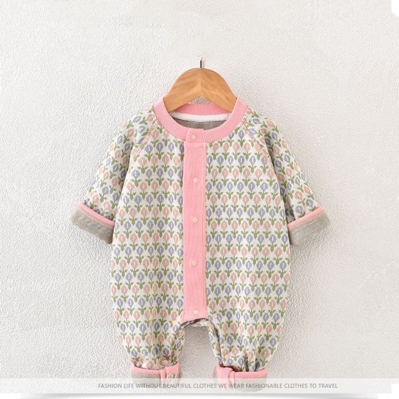 嬰兒衣服春秋款針織哈衣洋氣寶寶連身衣加厚長袖新生兒春裝爬服