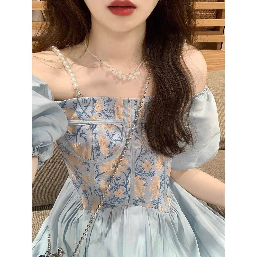 法式迪士尼藍色在逃公主禮服裙油畫宮廷風吊帶洋裝仙氣超仙森系