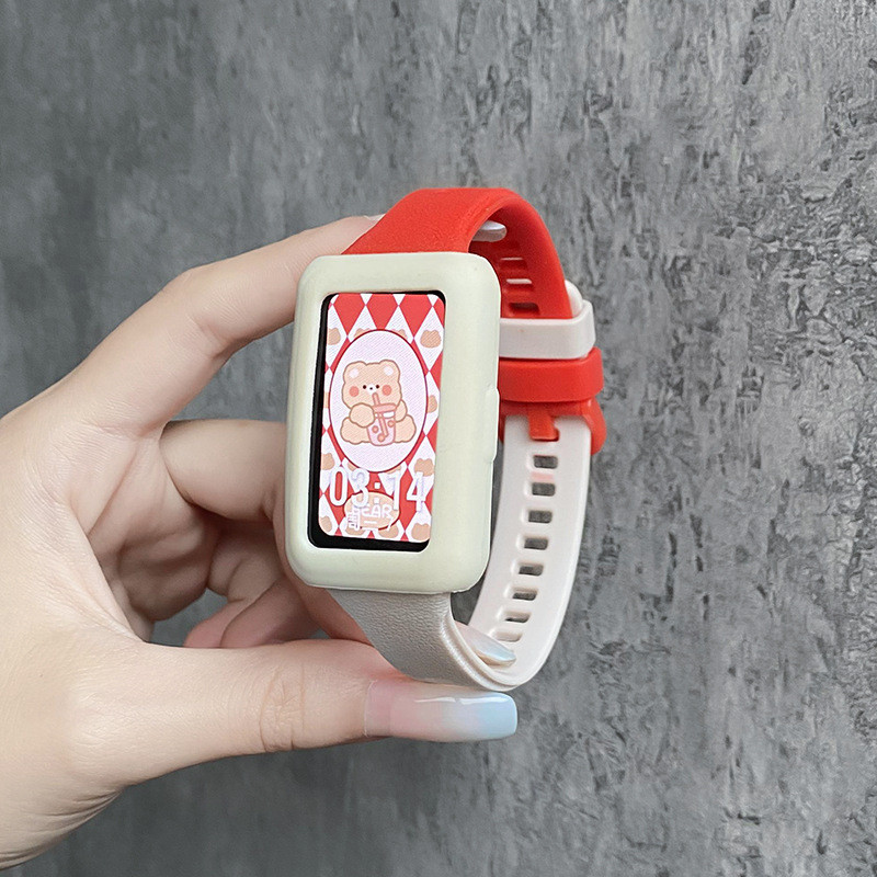 適用華為手環7錶帶矽膠華為手環7腕帶撞色NFC版替換帶夏天透氣女