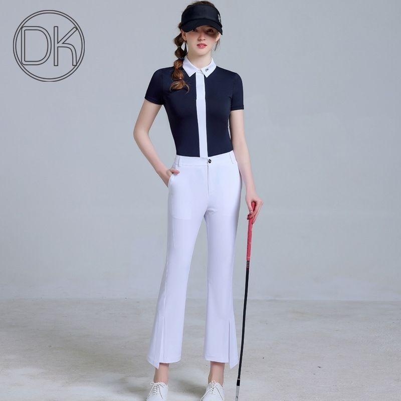 【現貨秒發】高爾夫球衣 高爾夫球褲 高爾夫球服裝女套裝夏裝短袖T恤上衣速乾衣服女白色九分褲喇叭褲