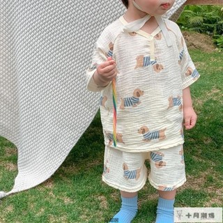 『兒童睡衣』夏季睡衣 居家服套裝 男童睡衣 女童睡衣 兒童睡衣男童純棉紗布夏季薄款嬰兒寶寶家居服套裝短袖女孩空調服 HL