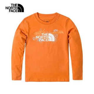 【新年款】The North Face北面兒童橘色純棉大尺寸煙火LOGO印花長袖上衣｜89W6PCO