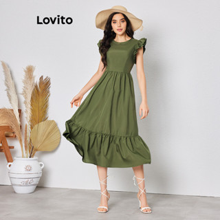 Lovito 波西米亞女式素色荷葉邊荷葉邊連身裙 LBL08124