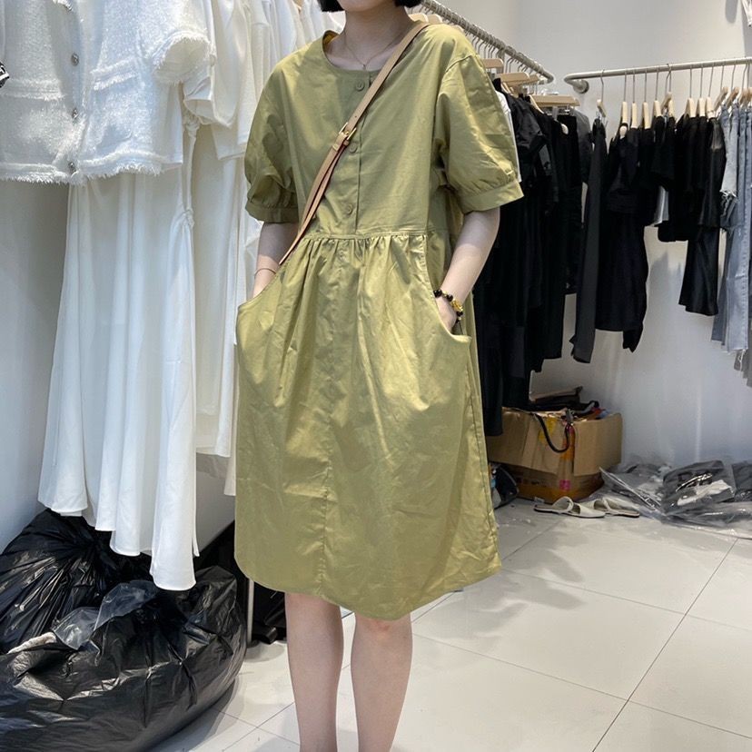 NR3K ❃襯衫洋裝 純棉中長版a字裙夏季寬鬆顯瘦簡約圓領洋裝氣質襯衫裙