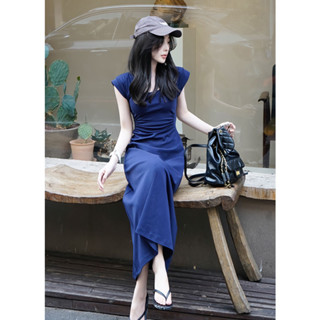 【台灣出貨】連衣裙夏季氣質收腰性感設計感裙子藍色洋裝