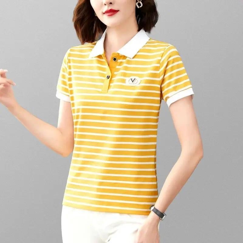 黃色女式 T 恤鈕扣短袖 T 恤條紋 Polo 領襯衫衣服上衣滌綸合成青年高品質潮流
