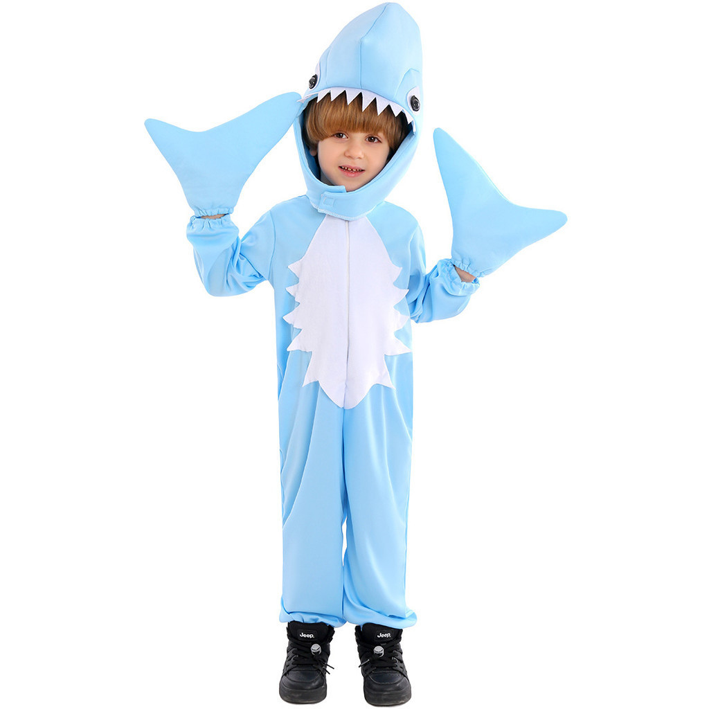 萬聖節新款兒童服裝 動物造型扮演服連身衣鯊魚角色扮演cos服 幼兒園舞臺表演服裝 海洋生物cos服