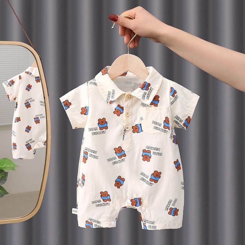 夏季新款嬰兒衣服男女童短袖連體衣0-2歲寶寶馬球卡通小熊連身衣韓版郊遊衣服一歲洗禮