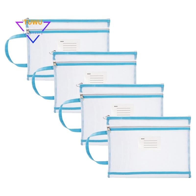 4 件網眼拉鍊袋半透明 A4 文件袋文具鉛筆盒 A4 網眼拉鍊文件夾藍色