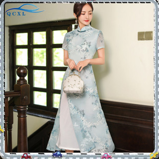 優雅的中國傳統風格刺繡雪紡立領連衣裙