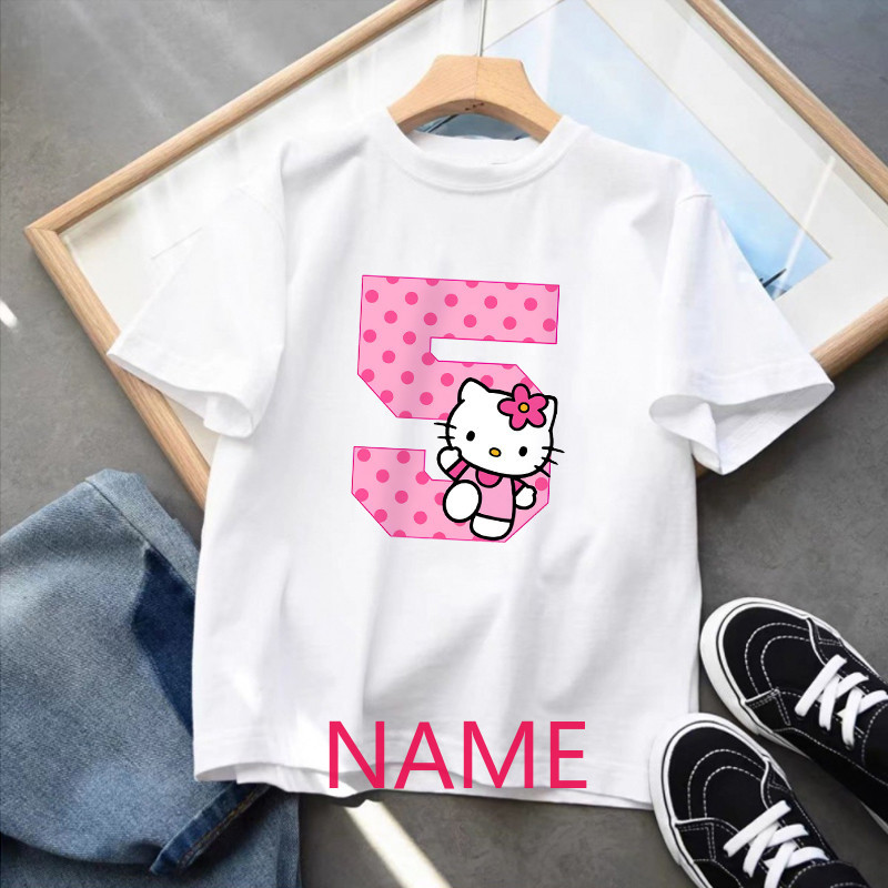 Hello Kitty 女嬰生日 T 恤嬰兒編號定制您的姓名 T 恤卡哇伊貓短袖 T 恤卡通上衣幼兒衣服