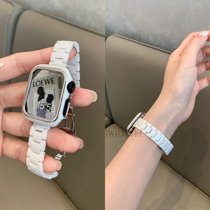 細款瘦身三株陶瓷錶帶 蝴蝶扣 適用於 Apple Watch 9 8 7 6 5 SE 金屬鏈式錶帶 41mm 45mm