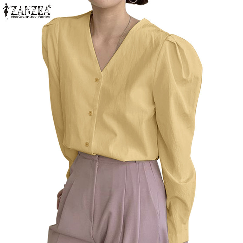 Zanzea 女式韓版休閒 V 領長袖門襟扣純色襯衫
