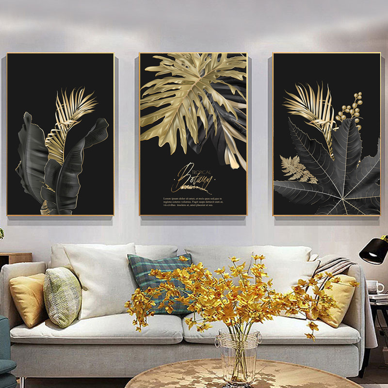 植物帆布繪畫版畫牆壁藝術圖片抽象黑色金葉北歐海報客廳現代藝術家居裝飾