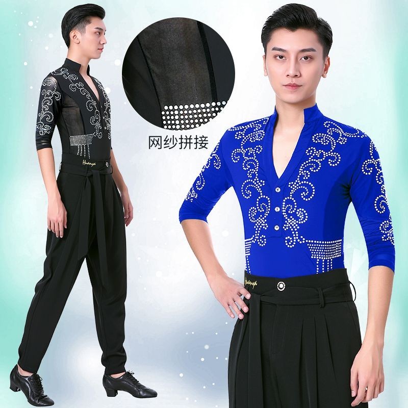 比賽服摩登舞服國標舞服表演服新款拉丁舞上衣男新款鑲鑽黑色表演舞衣摩登舞練功服吉特巴舞蹈服