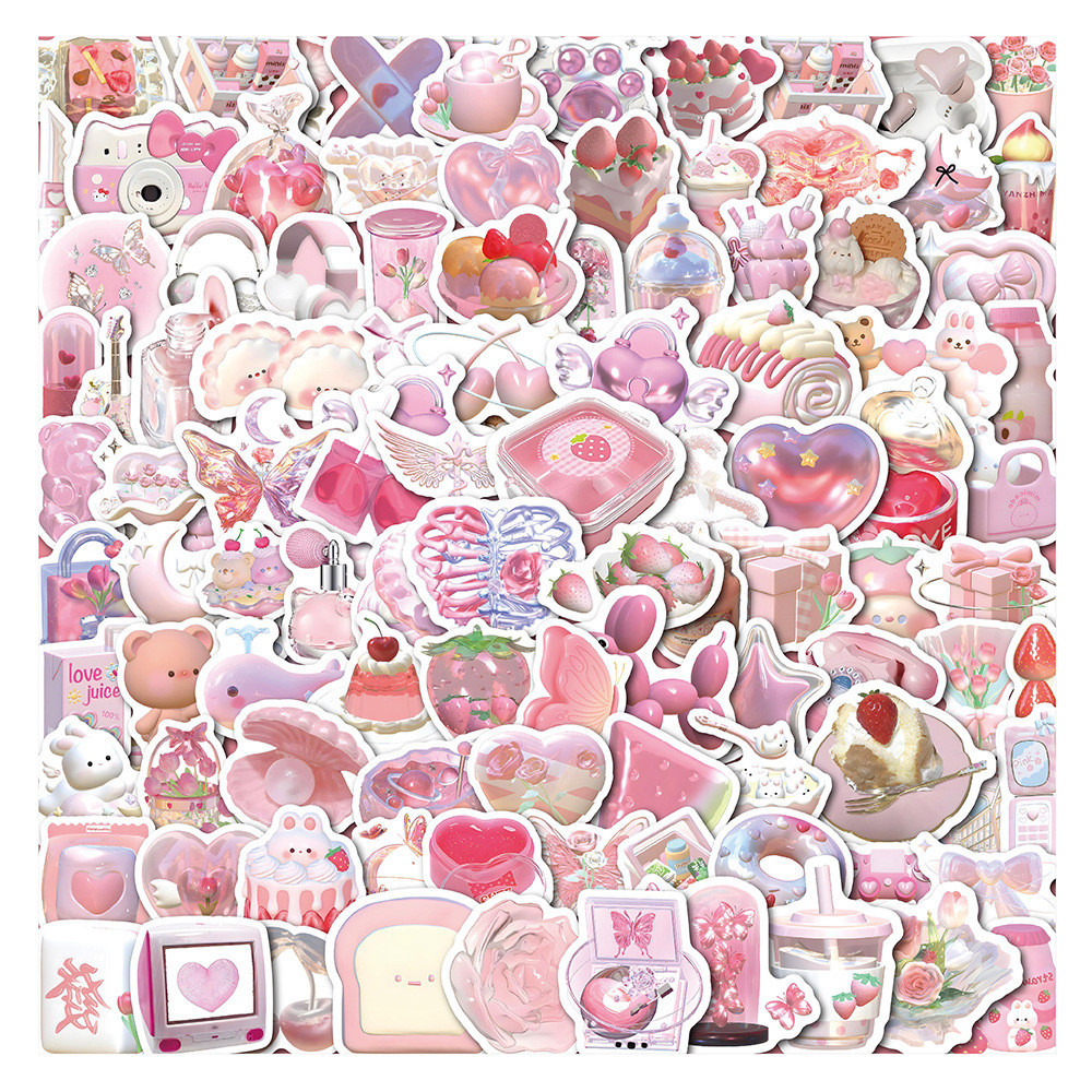100 件裝可愛粉色三維小物件彩色塗鴉貼紙適用於行李箱手機殼筆記本電腦筆記本貼花兒童錄音您的生活