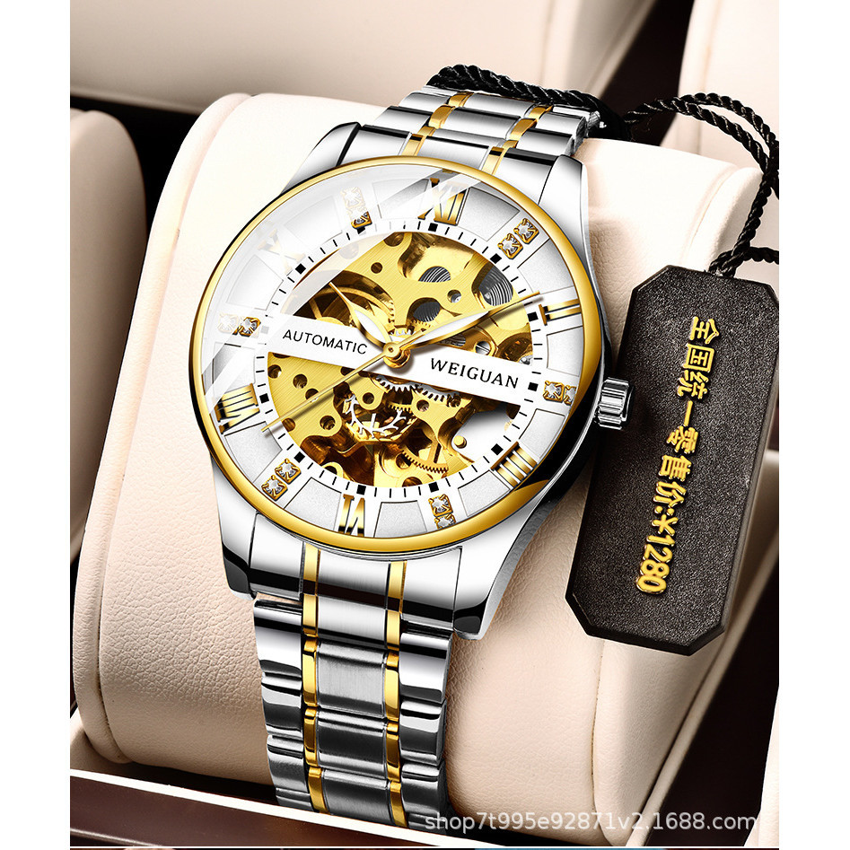新款WEIGUAN全自動機械錶手錶男士鏤空腕錶鋼帶商務防水夜光時尚