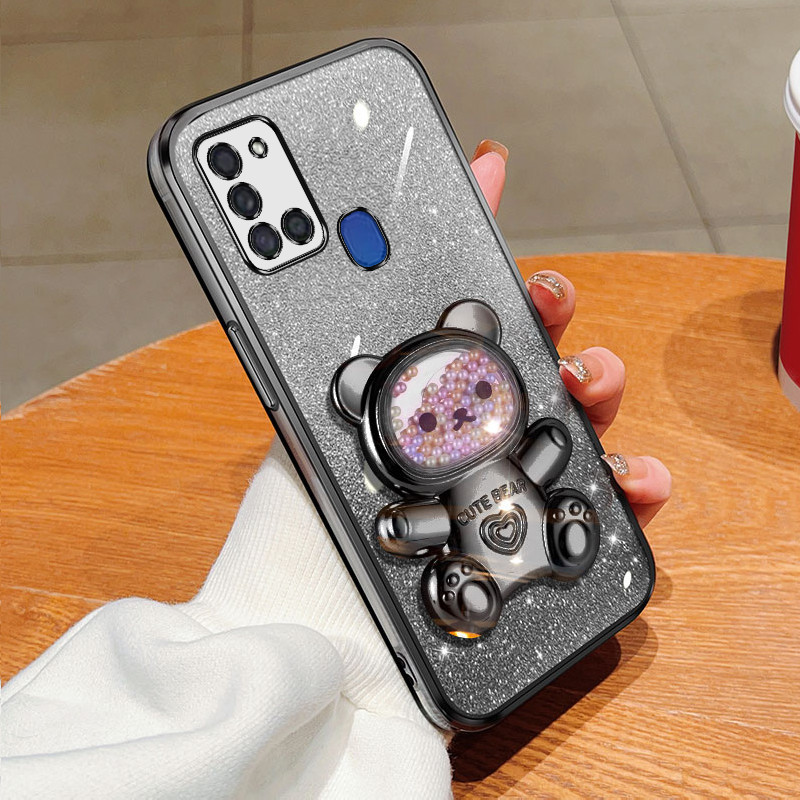 SAMSUNG 外殼三星galaxy A21S A70 A70S A20S可愛3D小熊支架支架閃粉軟手機保護套