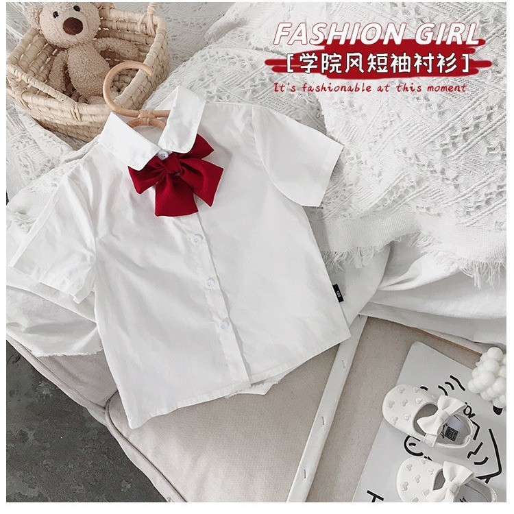 兒童白襯衫女童白襯衫短袖領結夏裝中兒童JK學院風上衣女寶表演服