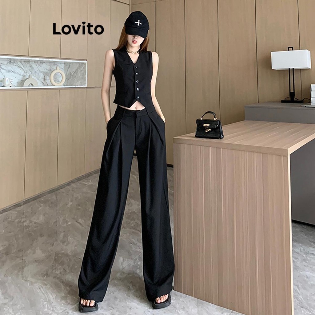 Lovito女款休閒素色前紐帶長褲套裝 LNE55589