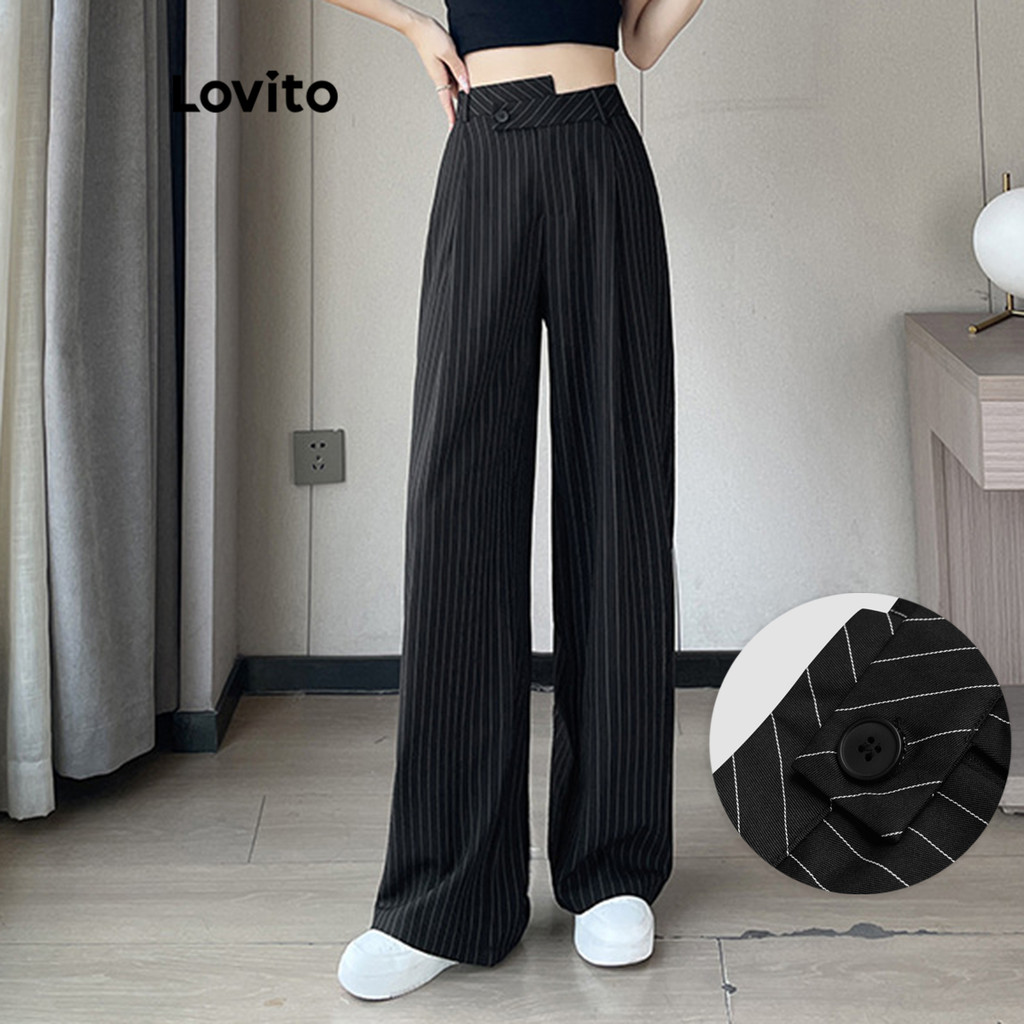 Lovito 女休閒條紋扣環口袋長褲 L177AD630