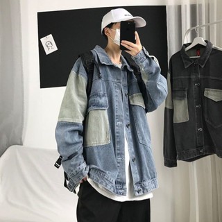 夾克 外套 秋冬外套 春秋拼接牛仔夾克男士潮流上衣韓版寬鬆百搭牛仔衣外套男