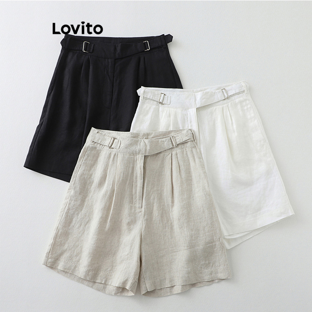 Lovito 女款休閒素色拉鍊口袋短褲 LNE31147 (白色/黑色)