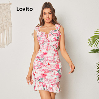 Lovito 波西米亞花卉褶飾鏤空荷葉邊女式洋裝 LBL08394