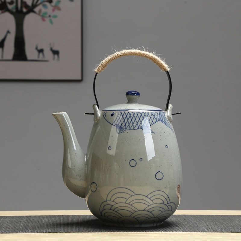 2升陶瓷大茶壺手繪復古泡茶壺涼水壺鐵製手柄提樑壺餐廳水壺家用