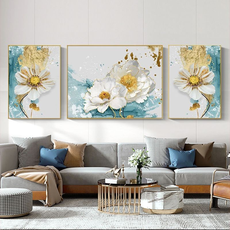手繪油畫《綺麗》三聯牡丹花客廳背景牆裝飾畫輕奢掛畫
