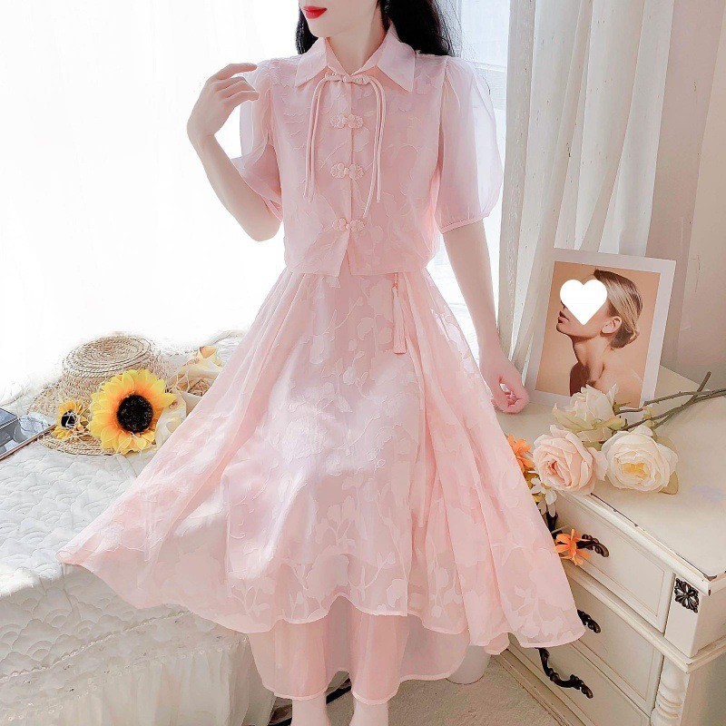 米色粉色溫柔旗袍套裝女上衣吊帶裙傳統改良復古女士風2件套旗袍
