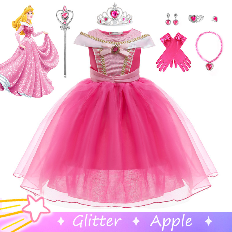 睡美人奧羅拉公主粉色連衣裙兒童女孩網眼禮服萬聖節角色扮演服裝女孩聖誕服裝套裝
