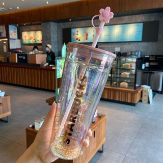 STARBUCKS 免費杯墊和袋子 591ml 星巴克高溫玻璃吸管杯亮鑽漸變大容量星巴克不倒翁桌面水咖啡杯