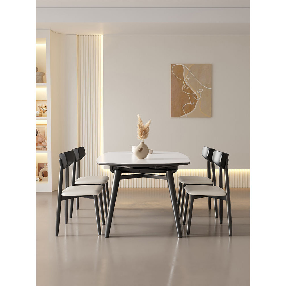【限時優惠-免運】 奶油風岩板餐桌可伸縮現代簡約家用小戶型實木方圓兩用餐桌椅組合