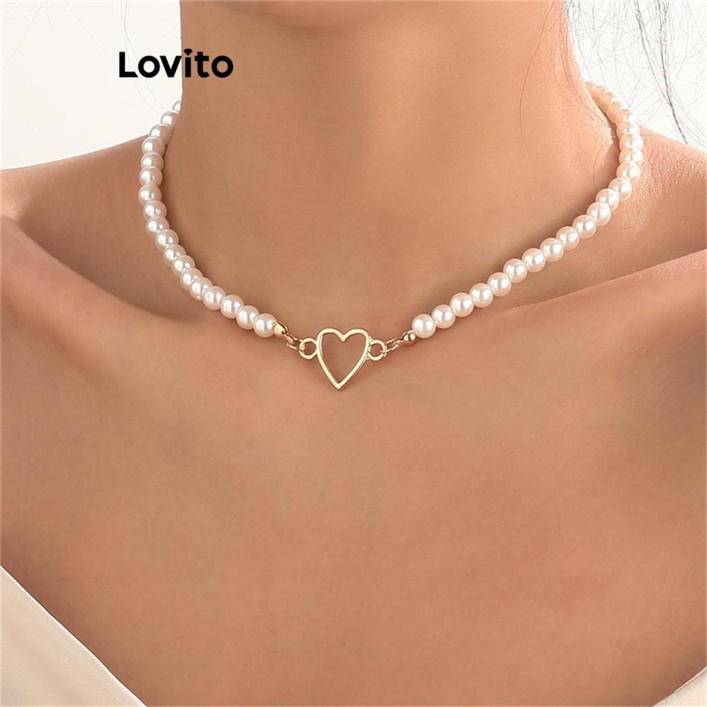 Lovito 女士優雅心型珍珠項鍊 LFA15032