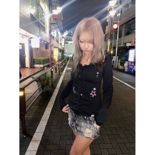 朋克YK2千禧風辣妹長袖上衣女 2024春季上新 蕾絲花邊紐扣上衣 性感顯身材長袖T恤 個性星星印花上衣