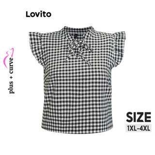 Lovito 大尺碼女用休閒格紋荷葉邊抽繩襯衫 LBL08457