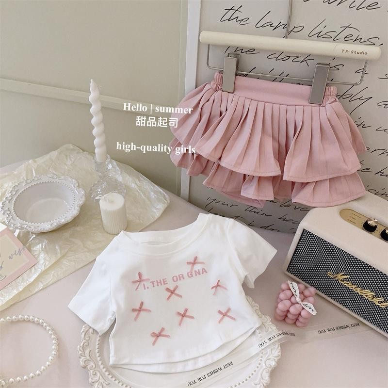 【 甜品 起司 】 女寶寶 甜美 公主 小蝴蝶結 短版 上衣 短袖 + 粉色 蛋糕裙