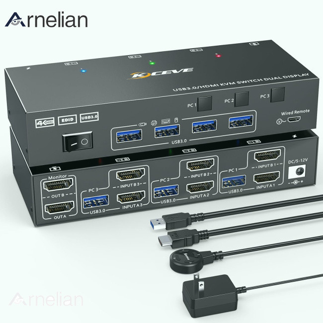 Arnelian 雙顯示器 KVM 切換器,USB 3.0 高清多媒體接口 KVM 切換器,4K@60Hz 2K@144