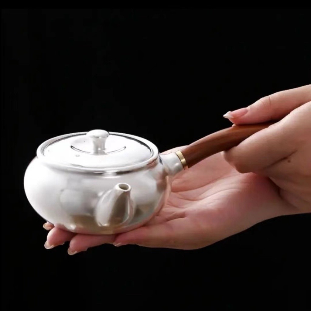 🔥台灣出貨-免運🔥999純銀壺陶瓷鎏銀側把壺手工復古日式茶壺高檔禮品家用加厚功夫 #EIP5