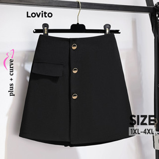 Lovito 大尺碼女士休閒素色扣環短褲 LNE38045 (黑色)