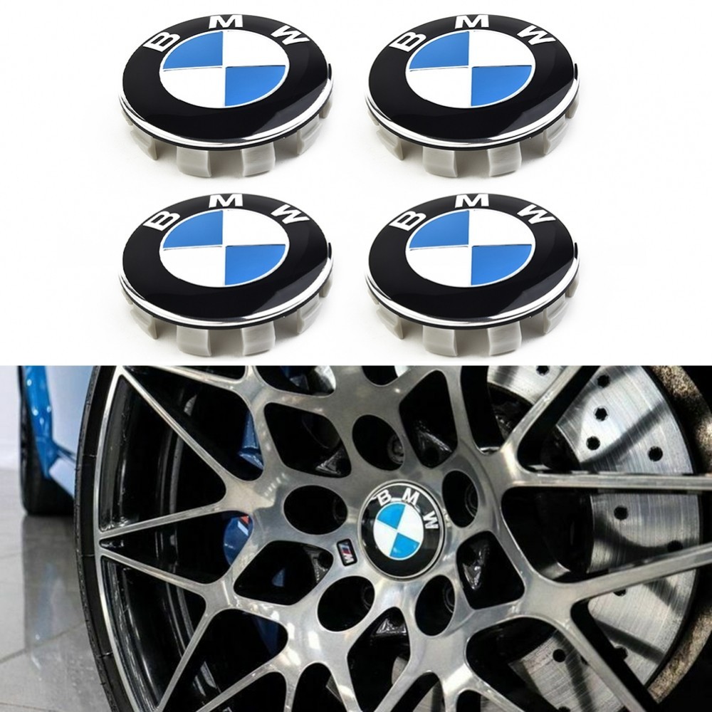 BMW 一套 4 件藍色白色 68 毫米合金輪轂蓋適用於寶馬 1 3 5 7 系