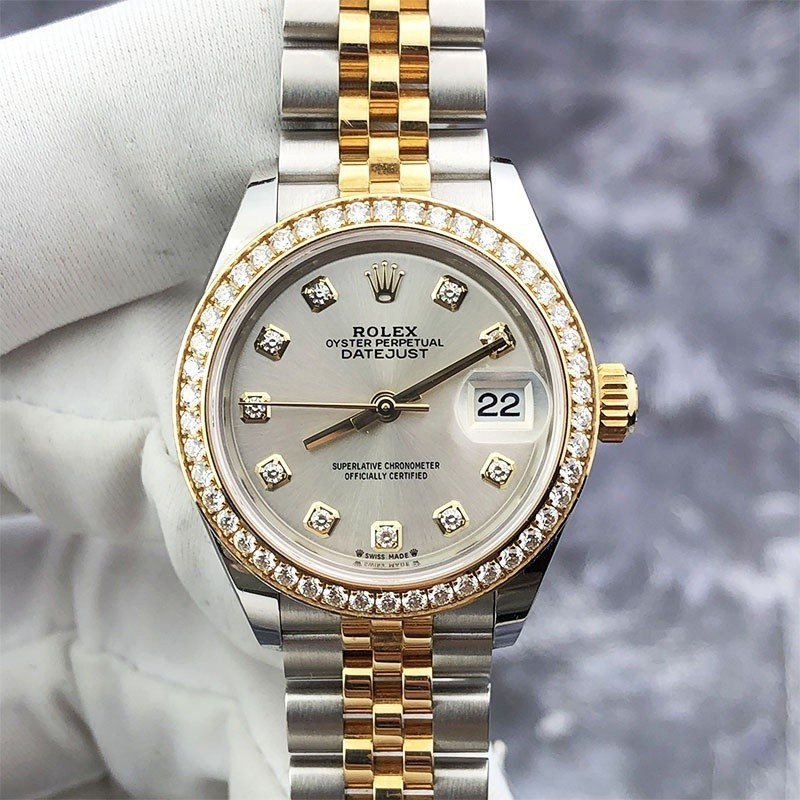 女裝日記279383黃金原裝鑽石手錶期間 RBR 銀色錶盤日期顯示