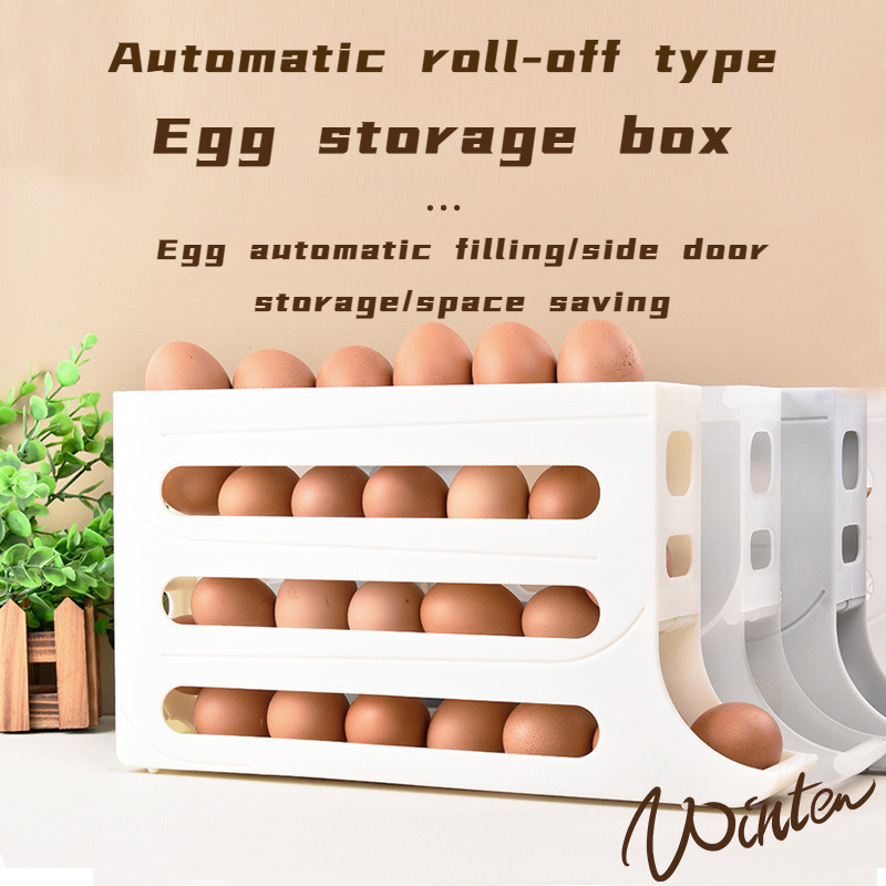 自動滾動蛋架，四層滑梯式大容量冰箱雞蛋收納盒，實用專用節省空間的塑膠架家用，單個可放30個雞蛋